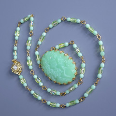 Uranium Glass Necklace 21” Cameo Pendant Vaseline Green Czech Beads
