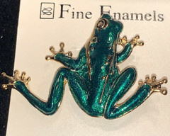 Gold Tone Emerald Green Enamel Frog Pin Fashion Brooch by Fine Enamels