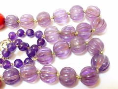 Vintage Carved Amethyst, Lapis, Laquer Beads Necklace, Sterling Bead, Clasp