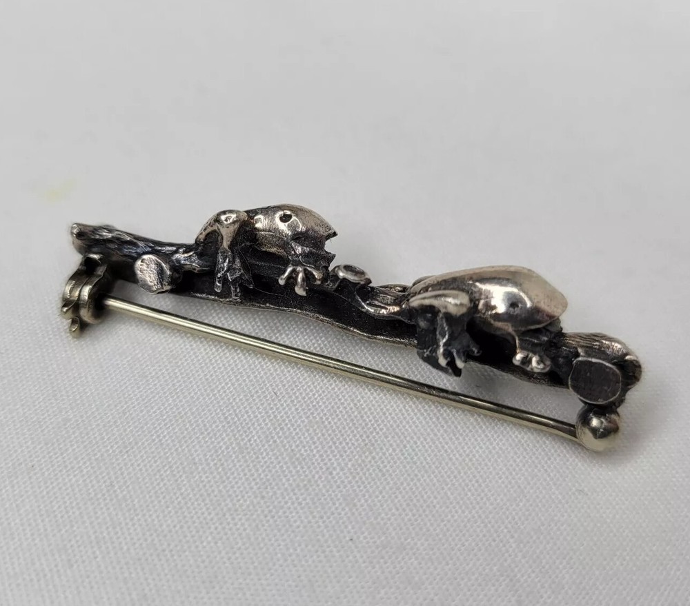 Vintage Frog Brooch Frogs On A Log Sterling Silver Bar Pin Artist Made Estate