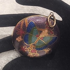 Vintage Cloisonne Butterfly Pendant Purple Floral Gold Tone Round