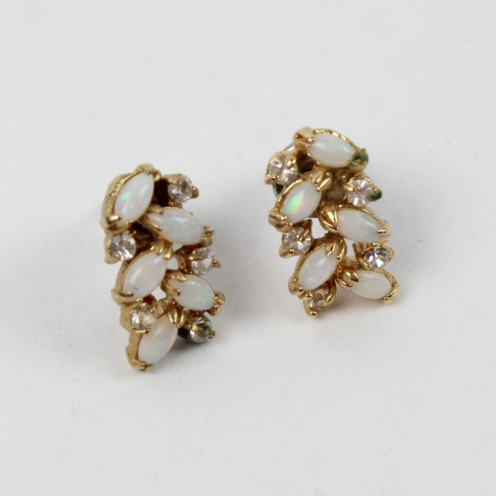 Opal Leaf Cluster Pierced Earrings Opalescent and Tiny Rhinestones