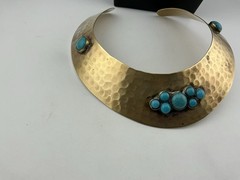 Vtg 1976 Torque Necklace One Owner Hammered BrassT Blue Clusters Approx 15”