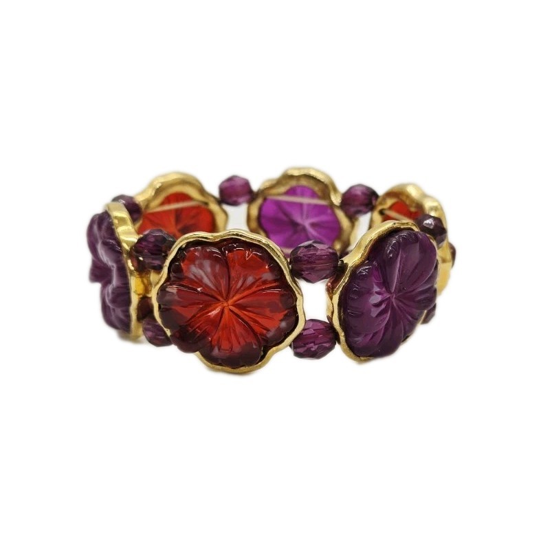 Red Purple Carved Lucite Stretch Bracelet Flower Floral 80’s Style OSFM One Size