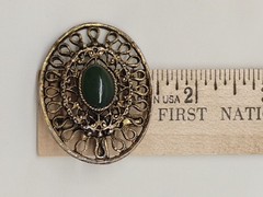 Vintage Green Cabochon Cab 1.75″ Two Toned Necklace Pendant Brooch