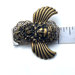 VTG Christmas Angel Brooch Rose Filigree Wings Cabochon Antique Gold Tone Pin