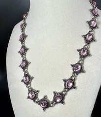 Vintage Silver Beaded & Marcasite Collar Necklace, Bezel Set With Pink Cabochons
