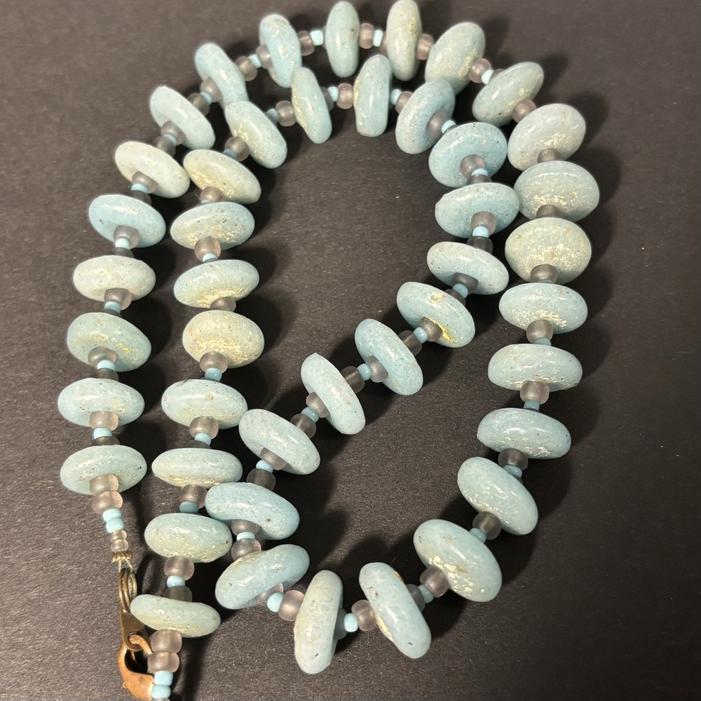 Vintage Blue Slag Custard Glass Rondelle Bead Necklace Uranium Glows Green 17″