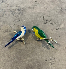 2 Vintage Green/Yellow and Blue and White Parrots On Branch Brooch