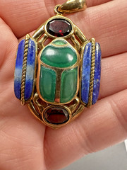 Egyptian Revival Scarab Beetle Set Vintage Jewelry Lapis, Garnets. Stamped BBJ