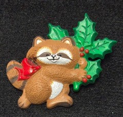 Vintage 1986 Hallmark Cards Christmas Raccoon Holding Holly Pin / Brooch