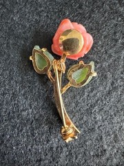VTG Swoboda Style Carved Salmon Coral & Jade Rose Brooch Pin Mid-Century