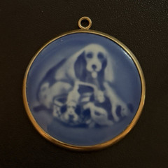 B&G Copenhagen Porcelain Blue Dog Round Charm Pendant Signed Gold Bezel 1970s