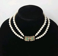 Sarah Coventry Double Strand “High Society” Faux Pearl Necklace Gold Green Clasp