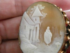 Antique Unmarked Goldtone Metal Carved Shell Cameo Landscape Scene Pin AS IS