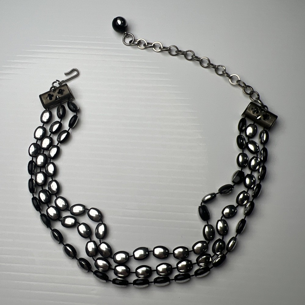 Vintage 70s Black Bead Acrylic Resin Choker Necklace Silver Tone Boho Hook 15”