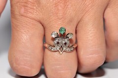 Antique Circa 1900s Ottoman 14k Gold Natural Rose Cut Diamond And Emerald Ring