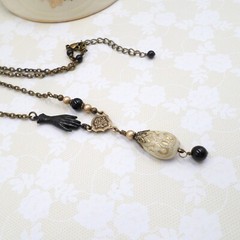 Victorian Reproduction Hand Necklace, Cream Black Gold Acrylic Metal Jewelry