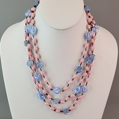 Vintage Art Deco Beaded Necklace Blue Givre Pink Milk Glass 59″ Long Flapper