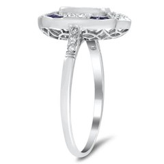 Art Deco Emerald Cut Lab Created Diamond & Sapphire Engagement 925 Silver Ring