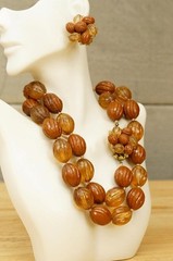 Vintage Hong Kong Costume Jewelry Amber Brown Beaded Celluloid Lucite Necklace