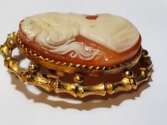 Vintage Brooch Pin Raised Cameo Costume Jewelry Gold Tone Girl With Ponytail