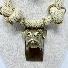Vintage Boxer Dog Solid Brass Pendant Rope Statement Necklace Magnetic Clasp 26”
