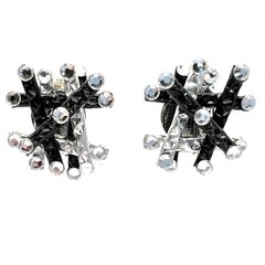 Vintage 1980s Jeff Lieb Black Silver Rhinestone Clip Earrings