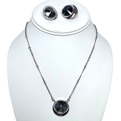 Vintage Sarah Coventry Silver Tone Faux Hematite Rivoli Necklace Clip Earrings