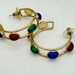 Vtg Mogul Hoop Earrings Gripoix Style Cabochon Red Blue Green Glass Large