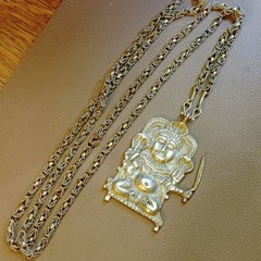 Hindu Goddess Pendant Necklace Long 44′ Vintage Brass Chain Mark India Sarna
