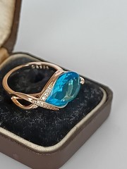 Vintage 1990-s 14 Ct Rolled Gold Blue Topaz Ring Size UK O US 7 1/2- Hallmarked