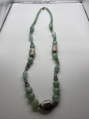 Vintage Chinese Hand-Painted Porcelain and Green Jade Beaded 34”Necklace
