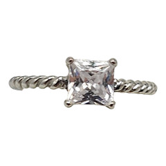 Rope Twisted Solitaire Emerald Cut Clear Rhinestone Ring Silver Tone VTG 7.75