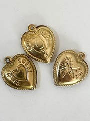 Vintage Puffy Heart Charm, GOLD PLATED Heart, Good Luck Heart Charm, 14 K Plated