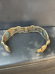 Vintage Brass Cuff Bracelet Blue Stones and Fine Filigree Design
