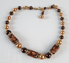 Vtg. Golden Brown Millefiori Glass Faux-Pearls Rhinestones Beaded Necklace 15″