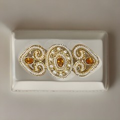 Amber Colored Brooch Crystal Gold Toned Faux Pearl Quality Vintage MCM