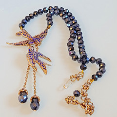 Signed Lihangyuan Twin Flying Birds Necklace Blue Rhinestone Black Bead 5″ Drop