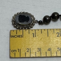 Vtg 23” Glass Faux Pearl Necklace Carved Cameo Clasp Charcoal Grey Black Grandma