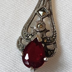 Vintage Sterling Silver Marcasite Red Pear Drop Earrings Art Deco 925 Dangle
