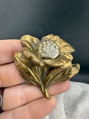 Vintage Brass Tone Flower Brooch Pin Rhinestone Gold Tone