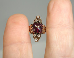 old antique 14K Rose Gold Victorian RING purple red gem Diamond Triads 3.75 2.6g
