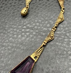 Vintage Art Deco Faux Amethyst Glass Gold Tone Ornate Chain Statement Necklace