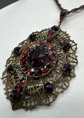 Vintage Antique Bohemian Czech Glass Or Garnet Pendant Necklace 17” Lovely!