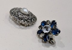 Vintage Brooches |Faux Pearl Filigree Pin & Blue Rhinestone Flower Pin