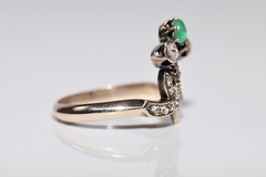 Antique Circa 1900s Ottoman 14k Gold Natural Rose Cut Diamond And Emerald Ring