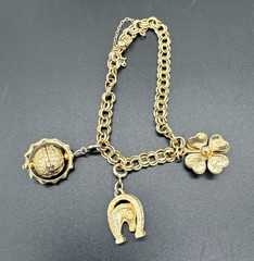 Vintage Elco 12K GF Lucky Charm Bracelet Clover Horseshoe Gold Filled 4″