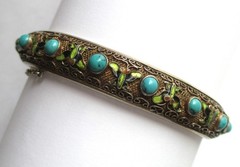 VINTAGE CHINESE STERLING SILVER ENAMEL TURQUOISE HINGED BANGLE BRACLET EXPORT