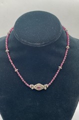 Sterling Silver 925 Garnet Beaded Necklace Ornamental Pendant 15.5″ 19g